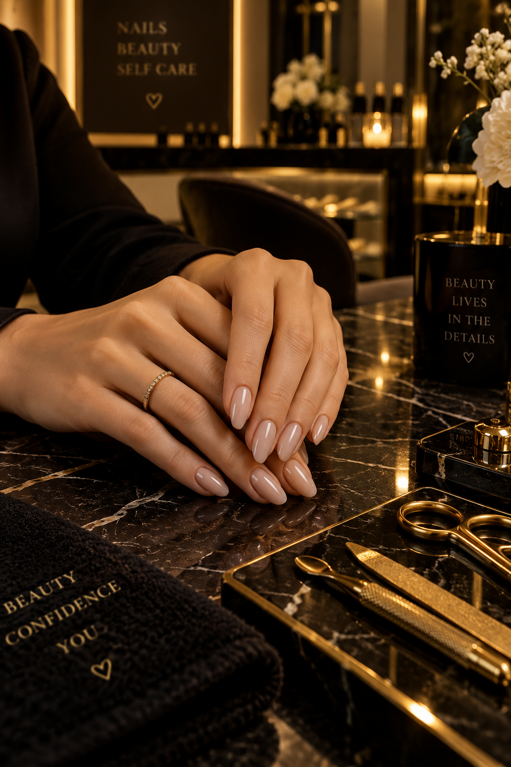 Luksusowy salon beauty - manicure na czarnym marmurze ze złotymi narzędziami