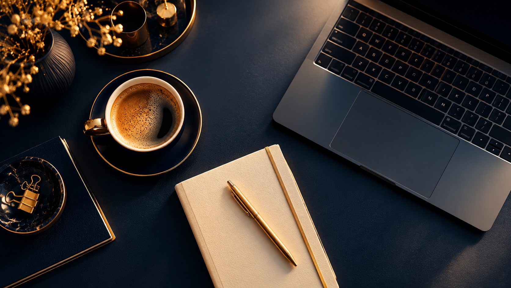 Miejsce pracy — laptop, notes i kawa